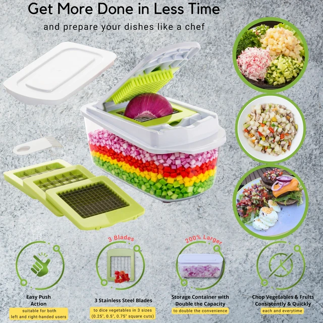 Alt view image 4 of 7 - QuickPush 8-Cup Push-Down Manual Vegetable Chopper & Food Dicer | 3 German steel blades chop veggies, dice onion garlic, BPA-free container with keep-fresh lid, cleaning comb, dishwasher safe
