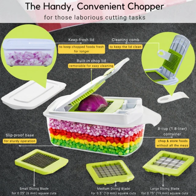 Alt view image 5 of 7 - QuickPush 8-Cup Push-Down Manual Vegetable Chopper & Food Dicer | 3 German steel blades chop veggies, dice onion garlic, BPA-free container with keep-fresh lid, cleaning comb, dishwasher safe