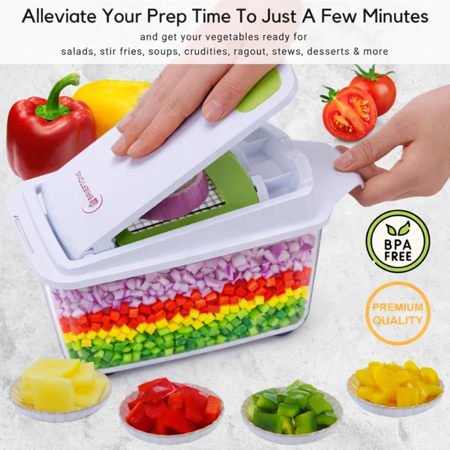 Alt view image 6 of 7 - QuickPush 8-Cup Push-Down Manual Vegetable Chopper & Food Dicer | 3 German steel blades chop veggies, dice onion garlic, BPA-free container with keep-fresh lid, cleaning comb, dishwasher safe