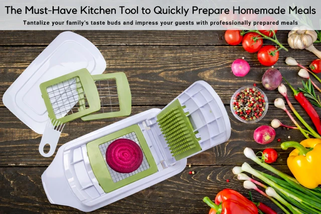 Alt view image 7 of 7 - QuickPush 8-Cup Push-Down Manual Vegetable Chopper & Food Dicer | 3 German steel blades chop veggies, dice onion garlic, BPA-free container with keep-fresh lid, cleaning comb, dishwasher safe