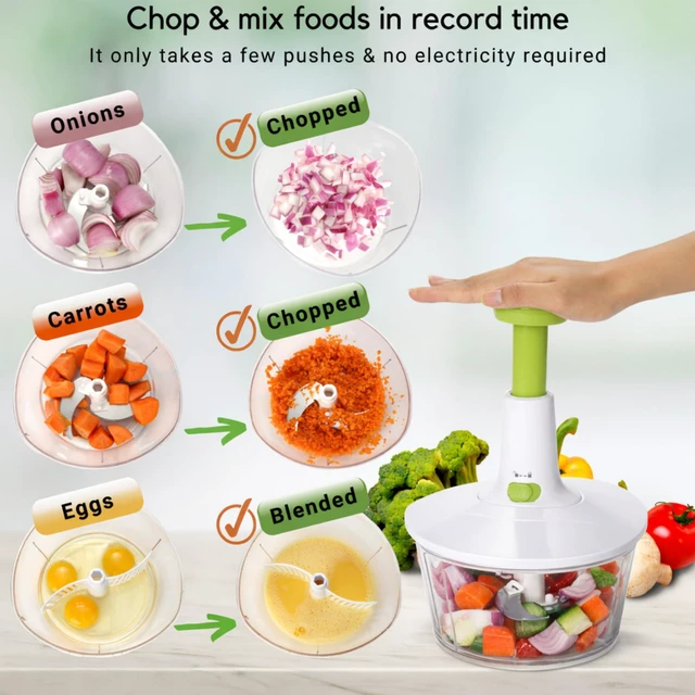 Alt view image 3 of 7 - Express 6.8-Cup Manual Food Chopper and Vegetable Salad Processor | Hand pump chops onion, garlic, herbs, carrot, tomato, kale, 3-leaf stainless steel blade, tear-free, salsa maker | camping RV
