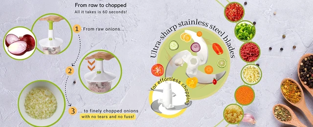 Alt view image 4 of 7 - Express 6.8-Cup Manual Food Chopper and Vegetable Salad Processor | Hand pump chops onion, garlic, herbs, carrot, tomato, kale, 3-leaf stainless steel blade, tear-free, salsa maker | camping RV