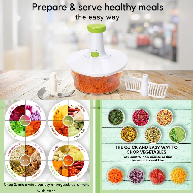 Alt view image 5 of 7 - Express 6.8-Cup Manual Food Chopper and Vegetable Salad Processor | Hand pump chops onion, garlic, herbs, carrot, tomato, kale, 3-leaf stainless steel blade, tear-free, salsa maker | camping RV