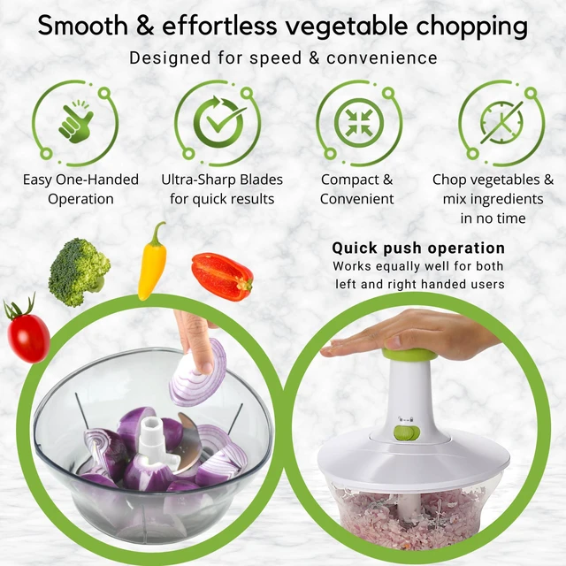 Alt view image 6 of 7 - Express 6.8-Cup Manual Food Chopper and Vegetable Salad Processor | Hand pump chops onion, garlic, herbs, carrot, tomato, kale, 3-leaf stainless steel blade, tear-free, salsa maker | camping RV