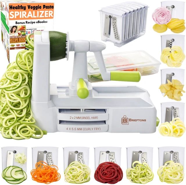 Main image of 10-Blade Countertop Vegetable Spiralizer and Veggie Noodle Maker | Japanese 420-grade steel blades, curly fry cuts, catch container, keep-fresh lid, storage caddy, suction pad, 4 recipe eBooks