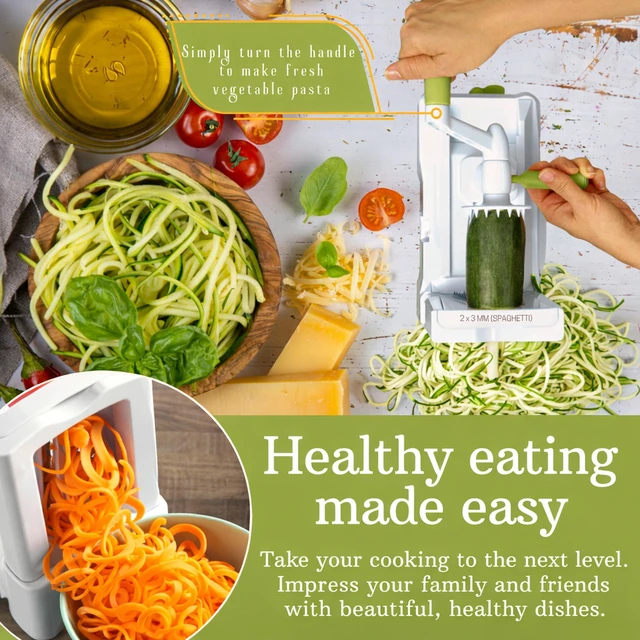 Alt view image 2 of 7 - 10-Blade Countertop Vegetable Spiralizer and Veggie Noodle Maker | Japanese 420-grade steel blades, curly fry cuts, catch container, keep-fresh lid, storage caddy, suction pad, 4 recipe eBooks