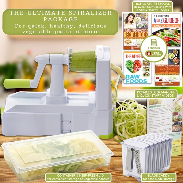 Alt view image 3 of 7 - 10-Blade Countertop Vegetable Spiralizer and Veggie Noodle Maker | Japanese 420-grade steel blades, curly fry cuts, catch container, keep-fresh lid, storage caddy, suction pad, 4 recipe eBooks