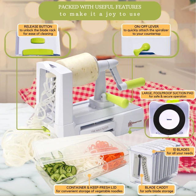Alt view image 6 of 7 - 10-Blade Countertop Vegetable Spiralizer and Veggie Noodle Maker | Japanese 420-grade steel blades, curly fry cuts, catch container, keep-fresh lid, storage caddy, suction pad, 4 recipe eBooks