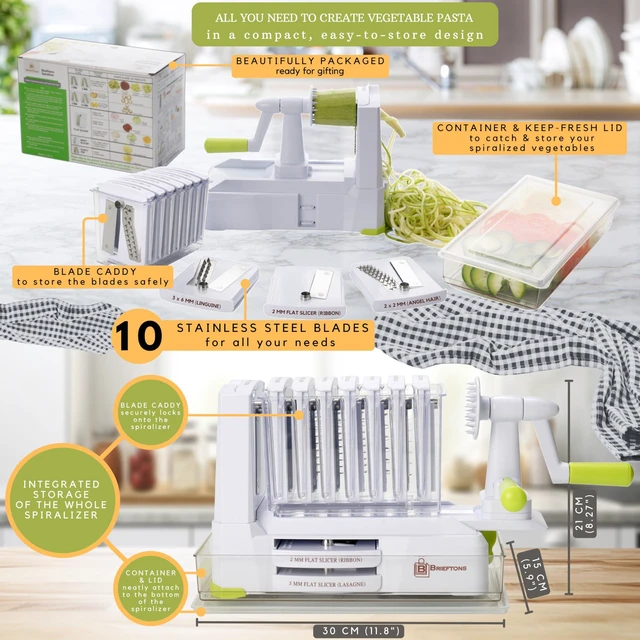 Alt view image 7 of 7 - 10-Blade Countertop Vegetable Spiralizer and Veggie Noodle Maker | Japanese 420-grade steel blades, curly fry cuts, catch container, keep-fresh lid, storage caddy, suction pad, 4 recipe eBooks