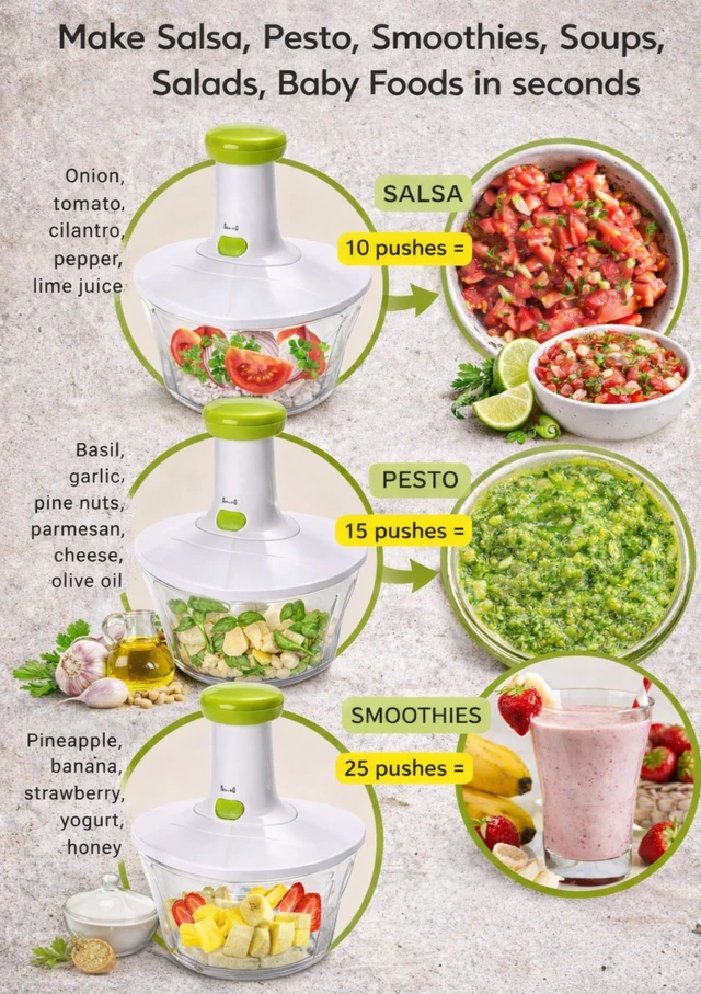 Alt view image 7 of 7 - Express 6.8-Cup Manual Food Chopper and Vegetable Salad Processor | Hand pump chops onion, garlic, herbs, carrot, tomato, kale, 3-leaf stainless steel blade, tear-free, salsa maker | camping RV