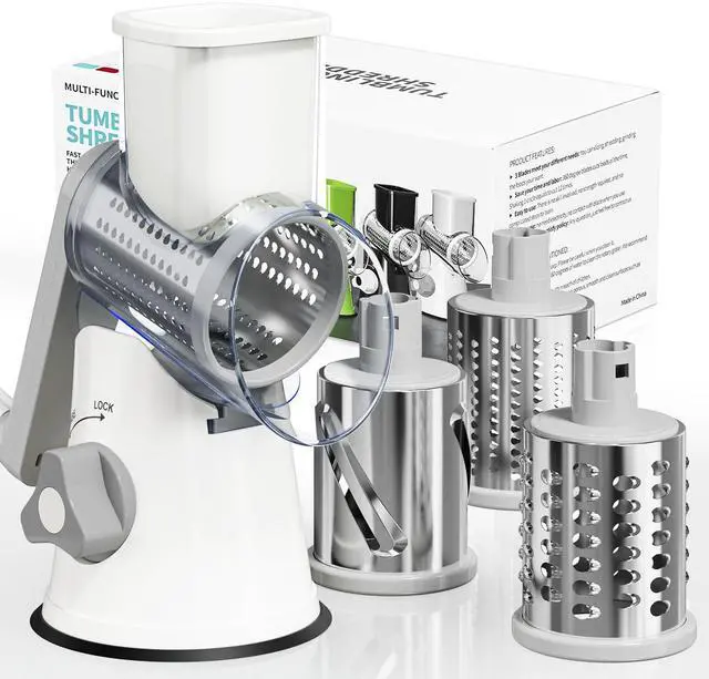 Main image of Rotary Cheese Grater Hand Crank, 3 Blades Slicer Shredder, Cheese Grater for Kitchen, Multi-Functional Kitchen Tool for Vegetables, Nuts, Chocolate, with Strong Suction Base, White