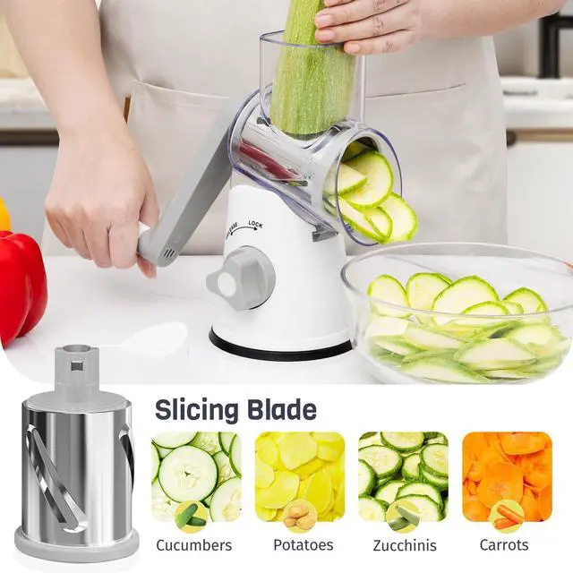 Alt view image 3 of 7 - Rotary Cheese Grater Hand Crank, 3 Blades Slicer Shredder, Cheese Grater for Kitchen, Multi-Functional Kitchen Tool for Vegetables, Nuts, Chocolate, with Strong Suction Base, White