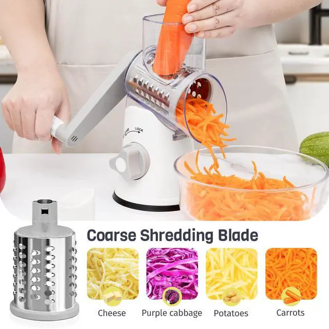 Alt view image 4 of 7 - Rotary Cheese Grater Hand Crank, 3 Blades Slicer Shredder, Cheese Grater for Kitchen, Multi-Functional Kitchen Tool for Vegetables, Nuts, Chocolate, with Strong Suction Base, White