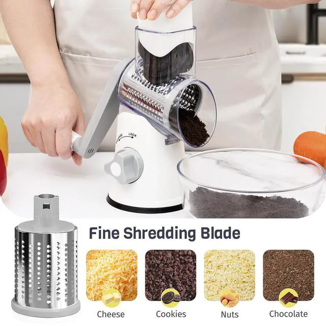 Alt view image 5 of 7 - Rotary Cheese Grater Hand Crank, 3 Blades Slicer Shredder, Cheese Grater for Kitchen, Multi-Functional Kitchen Tool for Vegetables, Nuts, Chocolate, with Strong Suction Base, White