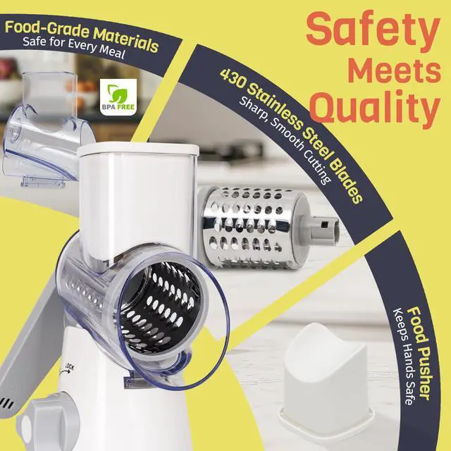 Alt view image 7 of 7 - Rotary Cheese Grater Hand Crank, 3 Blades Slicer Shredder, Cheese Grater for Kitchen, Multi-Functional Kitchen Tool for Vegetables, Nuts, Chocolate, with Strong Suction Base, White