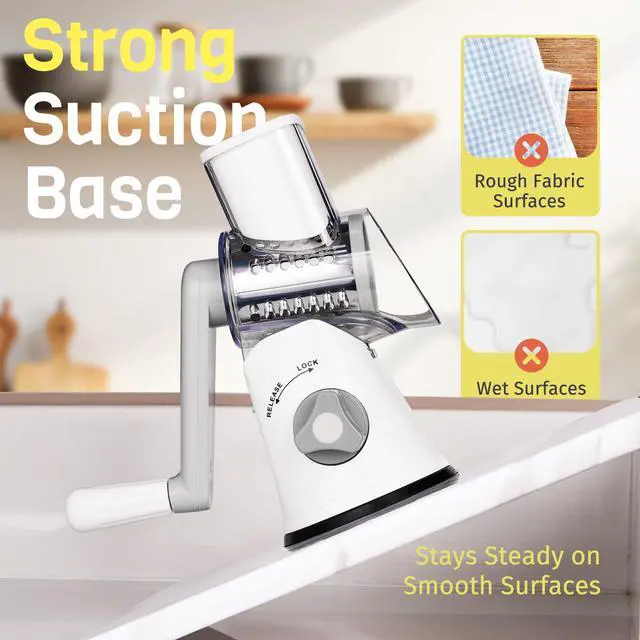 Alt view image 6 of 7 - Rotary Cheese Grater Hand Crank, 3 Blades Slicer Shredder, Cheese Grater for Kitchen, Multi-Functional Kitchen Tool for Vegetables, Nuts, Chocolate, with Strong Suction Base, White