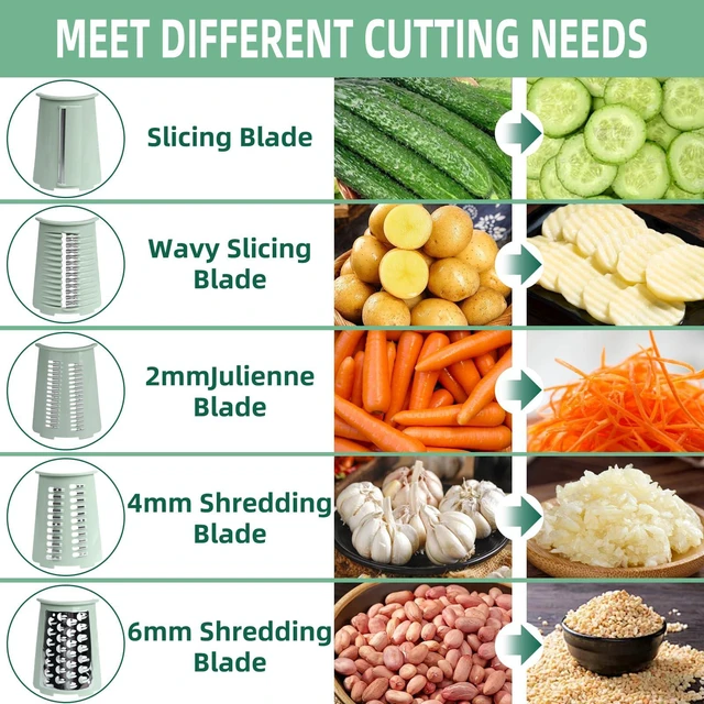 Alt view image 4 of 7 - Rotary Cheese Grater with Handle, 5 Replaceable Blades(Green) | Strong Suction Base, Round Food Slicer & Chopper for Kitchen Fruit Vegetables Nuts with Blade Storage Box