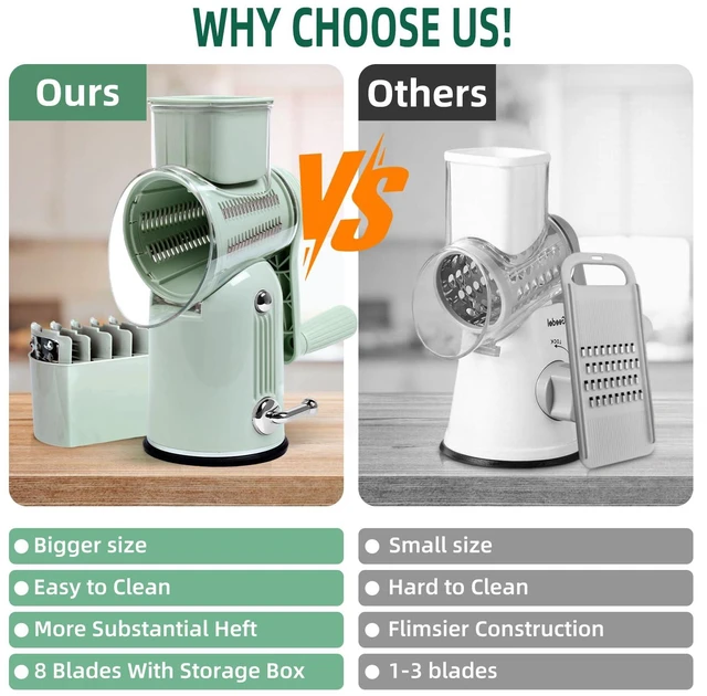 Alt view image 5 of 7 - Rotary Cheese Grater with Handle, 5 Replaceable Blades(Green) | Strong Suction Base, Round Food Slicer & Chopper for Kitchen Fruit Vegetables Nuts with Blade Storage Box