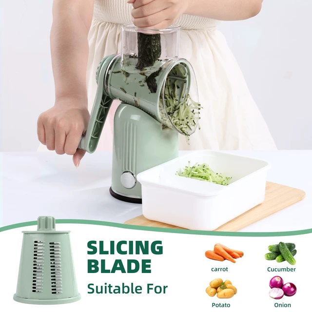 Alt view image 6 of 7 - Rotary Cheese Grater with Handle, 5 Replaceable Blades(Green) | Strong Suction Base, Round Food Slicer & Chopper for Kitchen Fruit Vegetables Nuts with Blade Storage Box