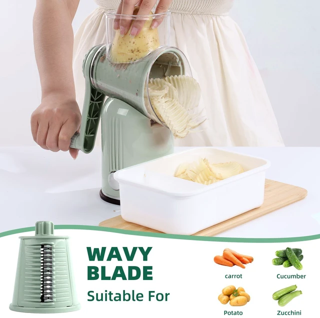 Alt view image 7 of 7 - Rotary Cheese Grater with Handle, 5 Replaceable Blades(Green) | Strong Suction Base, Round Food Slicer & Chopper for Kitchen Fruit Vegetables Nuts with Blade Storage Box