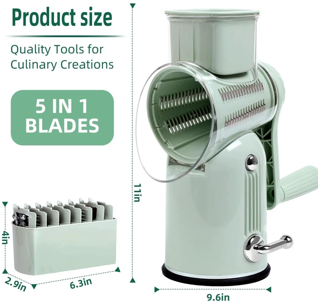 Alt view image 2 of 7 - Rotary Cheese Grater with Handle, 5 Replaceable Blades(Green) | Strong Suction Base, Round Food Slicer & Chopper for Kitchen Fruit Vegetables Nuts with Blade Storage Box