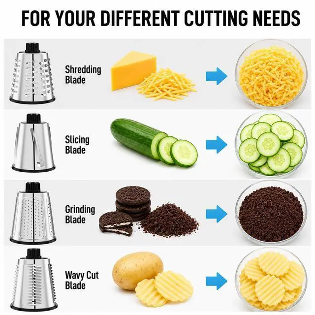 Alt view image 4 of 6 - Rotary Cheese Grater Hand Crank with 4 Interchangeable Stainless Steel Blades, Large Manual Handle Shredder and Waffle Slicer for Vegetables, Cheese and Nuts with Table Suction Base(White Grey)