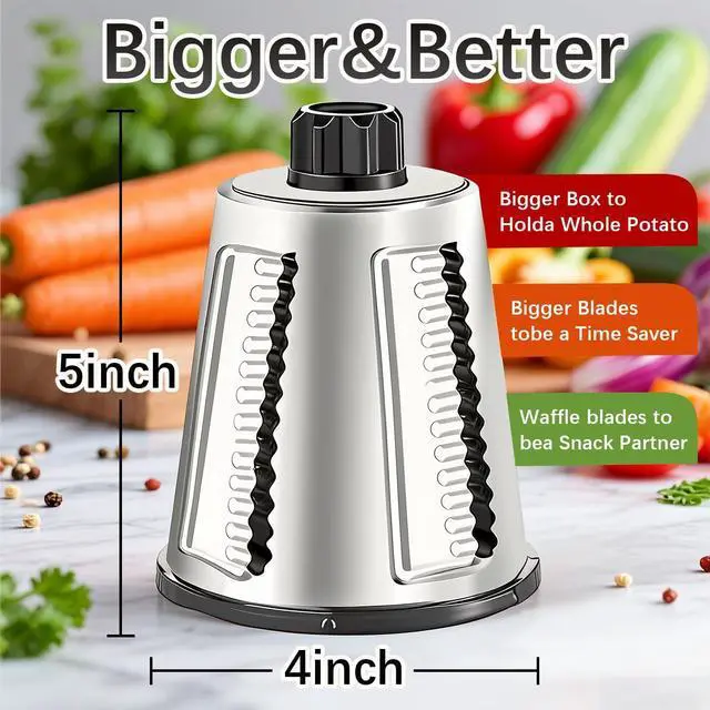 Alt view image 2 of 6 - Rotary Cheese Grater Hand Crank with 4 Interchangeable Stainless Steel Blades, Large Manual Handle Shredder and Waffle Slicer for Vegetables, Cheese and Nuts with Table Suction Base(White Grey)