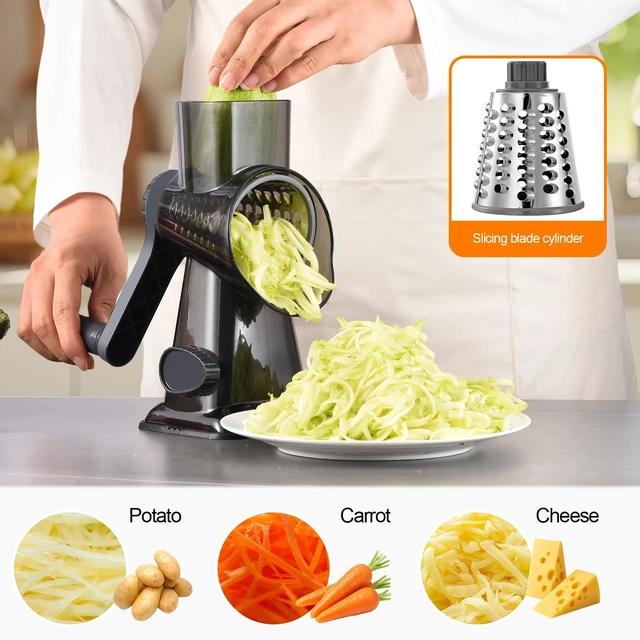 Alt view image 5 of 7 - Rotary Cheese Grater Manual Hand Crank 3-in-1 Vegetable Shredde | Finger-safe design, stainless steel drums, suction base. Perfect for cheese, vegetables, nuts & chocolate. Easy to clean