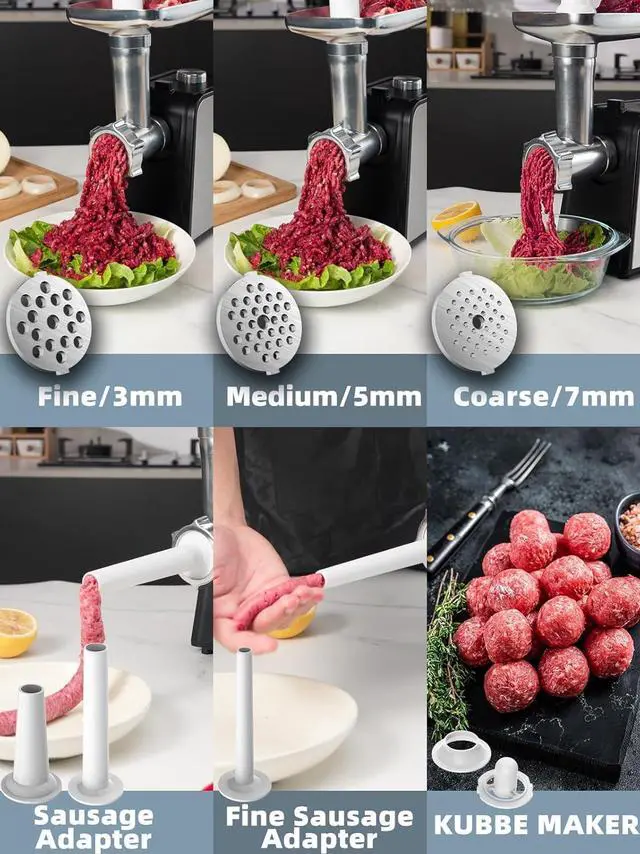 Alt view image 3 of 7 - 3200W Max Electric Meat Grinder & Sausage Stuffer - Mincer Machine with Tool 2 Blade And 3 Plates, 3 Tubes & Kubbe Kit Tool for Home Kitchen UseBlack