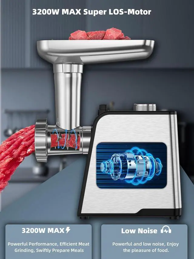 Alt view image 4 of 7 - 3200W Max Electric Meat Grinder & Sausage Stuffer - Mincer Machine with Tool 2 Blade And 3 Plates, 3 Tubes & Kubbe Kit Tool for Home Kitchen UseBlack