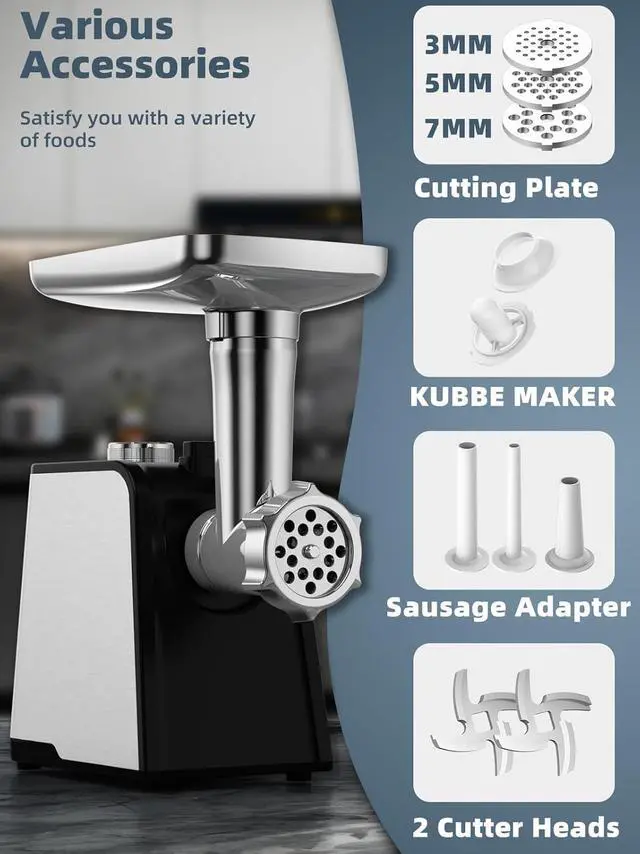 Alt view image 5 of 7 - 3200W Max Electric Meat Grinder & Sausage Stuffer - Mincer Machine with Tool 2 Blade And 3 Plates, 3 Tubes & Kubbe Kit Tool for Home Kitchen UseBlack