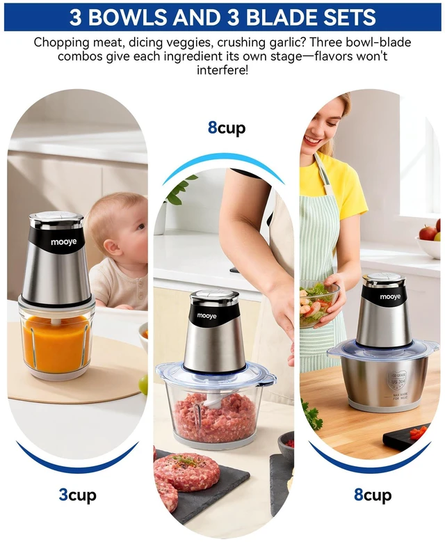 Alt view image 2 of 7 - Food Processor Electric Food Chopper with Meat Grinder & Vegetable Chopper - 3 Bowls(8Cup+8Cup+3Cup) with Powerful Copper Motor - Includes 3 Sets of Bi-Level Blades for Fruits/Meat/Nuts