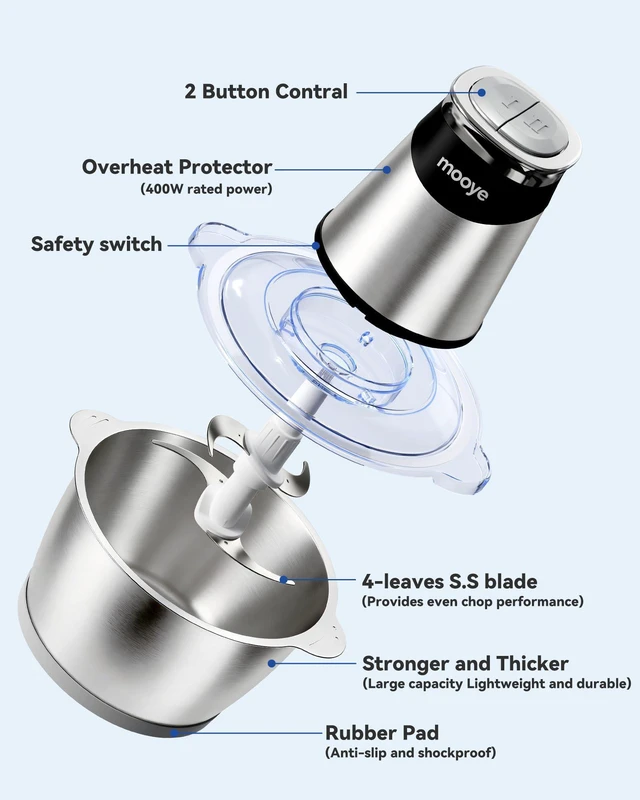 Alt view image 6 of 7 - Food Processor Electric Food Chopper with Meat Grinder & Vegetable Chopper - 3 Bowls(8Cup+8Cup+3Cup) with Powerful Copper Motor - Includes 3 Sets of Bi-Level Blades for Fruits/Meat/Nuts