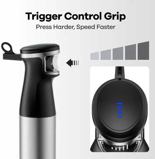 Alt view image 3 of 7 - Immersion Blender Handheld 1100W 5 in 1 Corded Stick Hand Blenders for Kitchen with Trigger Speed Control, with Beaker, Chopper, Whisk, Frother, Perfect Emulsifier for Soup, Smoothie, Puree