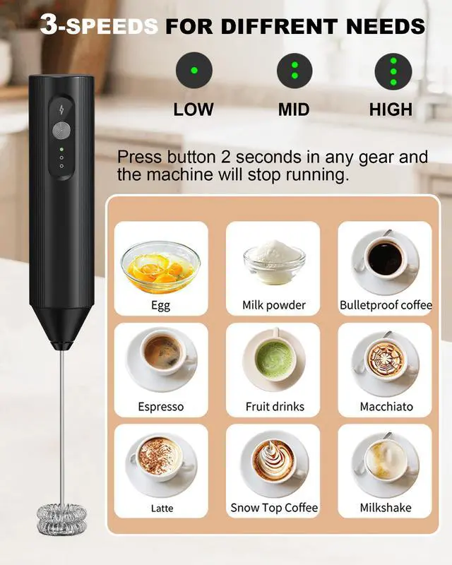 Alt view image 3 of 7 - 3-Speed Rechargeable Milk Frother Handheld, Dual Coil Whisk Coffee Frother Handheld - Portable Hand Frother Wand for Coffee Matcha Cappuccino & Hot Chocolate, Kitchen Gift, Black
