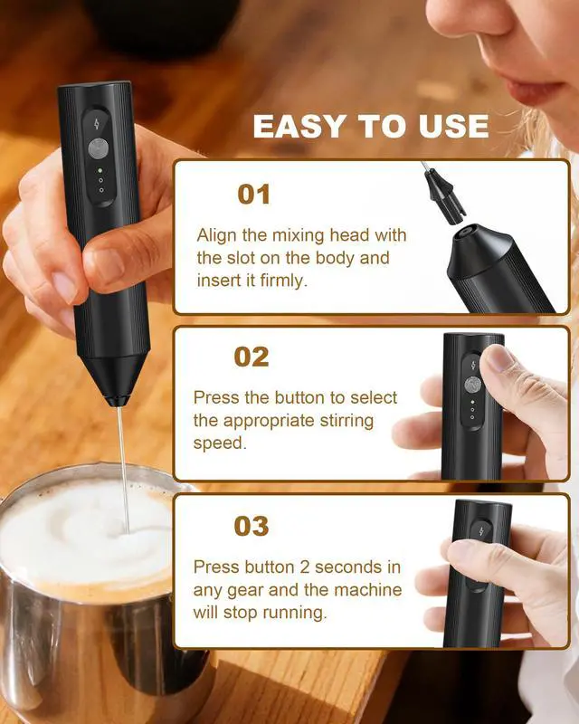 Alt view image 6 of 7 - 3-Speed Rechargeable Milk Frother Handheld, Dual Coil Whisk Coffee Frother Handheld - Portable Hand Frother Wand for Coffee Matcha Cappuccino & Hot Chocolate, Kitchen Gift, Black