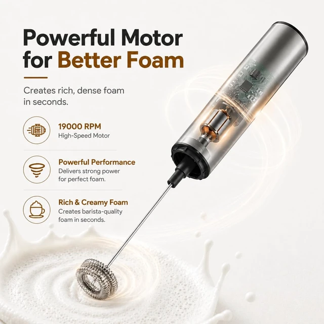 Alt view image 3 of 7 - Rechargeable Milk Frother with Stand, Electric Whisks Foam Maker, POWERFUL USB C 2 Speed Handheld Drink Mixer for Coffee, Latte, Cappuccino, Matcha Drinks,Silver