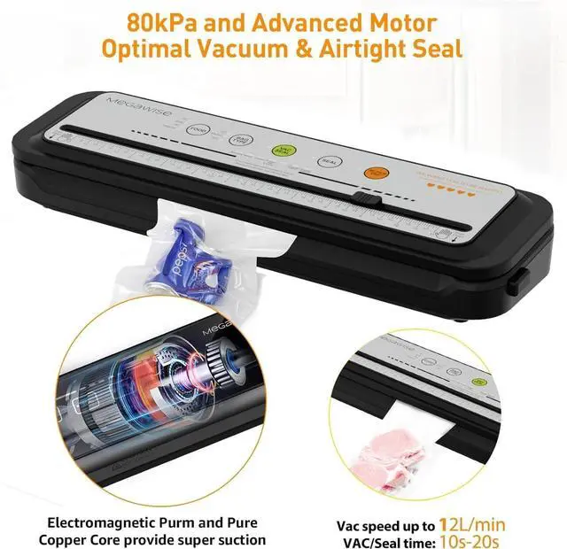Alt view image 2 of 6 - Vacuum Sealer Machine, 80kPa Powerful Suction, One-Touch Automatic Food Sealer with Built-in Cutter & Bags Included, Dry Moist Modes for All Saving needs