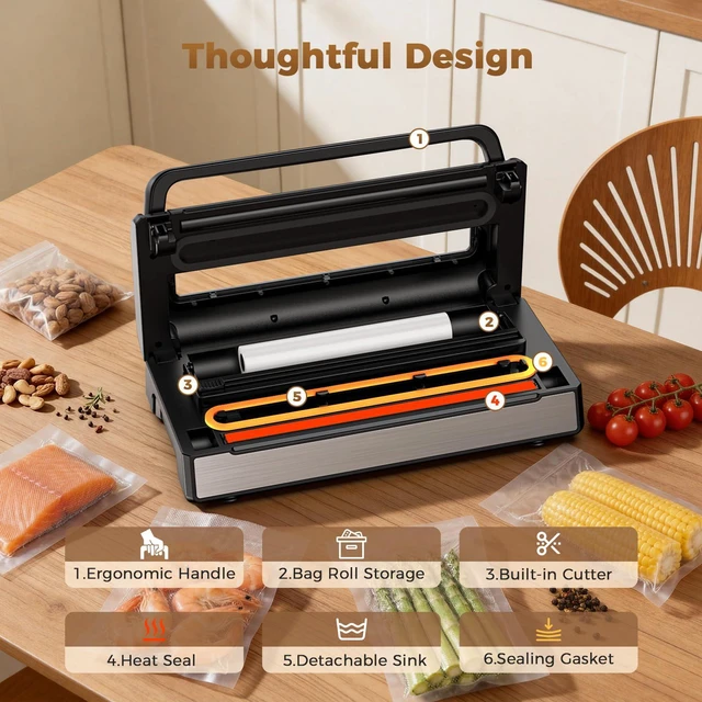 Alt view image 2 of 7 - Food Vacuum Sealer Machine, 6-in-1 Automatic Vacuum Sealer for Food | food sealer with Built-in Cutter & Bag Storage, 180W Powerful Complete Kit with 2 Rolls & 10 Bags for Dry/Moist/Canister