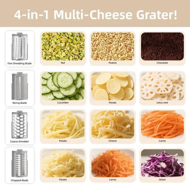 Alt view image 6 of 7 - Electric Cheese Grater, Rotary Vegetable Slicer with 4 Interchangeable Drum Blades, Multifunctional Cheese Chopper Shredder for Kitchen Potato Veggie Salad Fruit etc