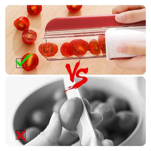 Alt view image 5 of 5 - Tomato Slicer Multi-Function Grape Cutter Small Fruit Cutter Grape Kitchen Accessories Cake Decoration Tool Fruit Slicer (Red)