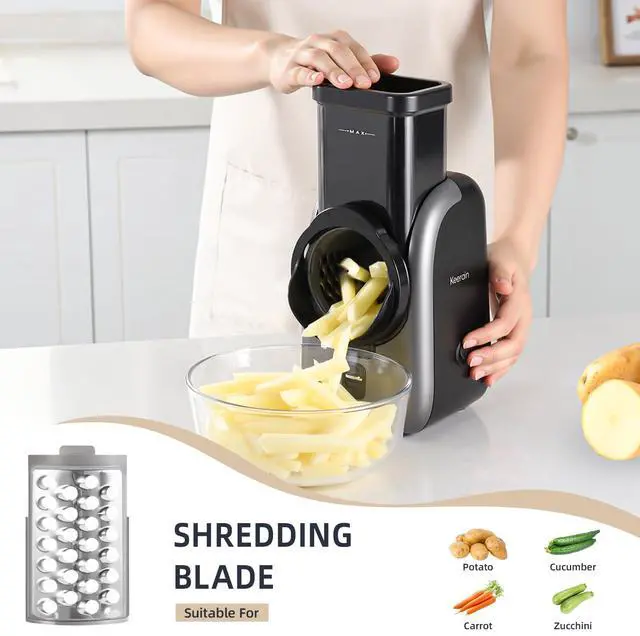 Alt view image 3 of 7 - Electric Vegetable Slicer and Cheese Grater, Multifunctional Rotary Cutter with 4 Stainless Steel Blades for Potatoes Carrots Cucumbers Fruits Salad etc.