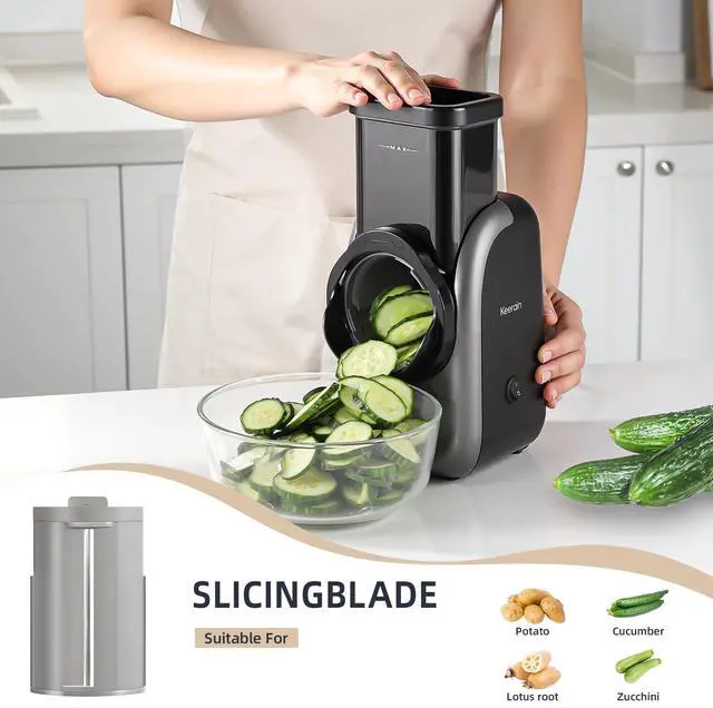 Alt view image 4 of 7 - Electric Vegetable Slicer and Cheese Grater, Multifunctional Rotary Cutter with 4 Stainless Steel Blades for Potatoes Carrots Cucumbers Fruits Salad etc.