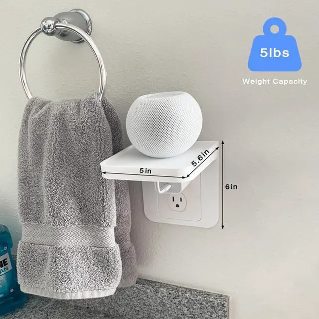 Alt view image 2 of 7 - Outlet Shelf Wall Holder with Cord Storage, Wall Outlet Shelf Organizer for Bathroom, Kitchen & Bedroom, Plug Shelf for Standard Outlet, Compatible with HomePod Mini, Google Home, Toothbrush & Phone