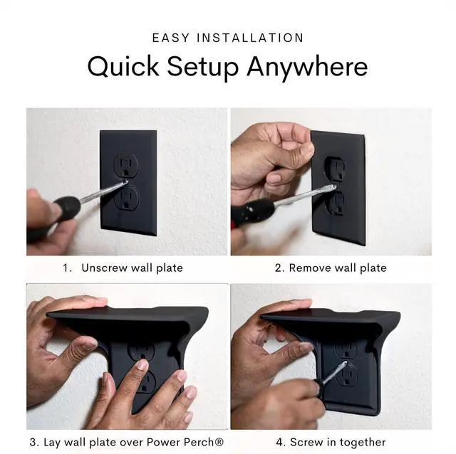 Alt view image 3 of 7 - Power Perch Outlet Shelf Organizer for Alexa Echo Dot, HomePod Mini Speakers, Phone - Wall Outlet Holder with Cord Storage Strap - Socket Shelf Bathroom Kitchen Counter Charging Station - Black 1 Pack