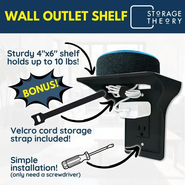 Alt view image 4 of 7 - Power Perch Outlet Shelf Organizer for Alexa Echo Dot, HomePod Mini Speakers, Phone - Wall Outlet Holder with Cord Storage Strap - Socket Shelf Bathroom Kitchen Counter Charging Station - Black 1 Pack