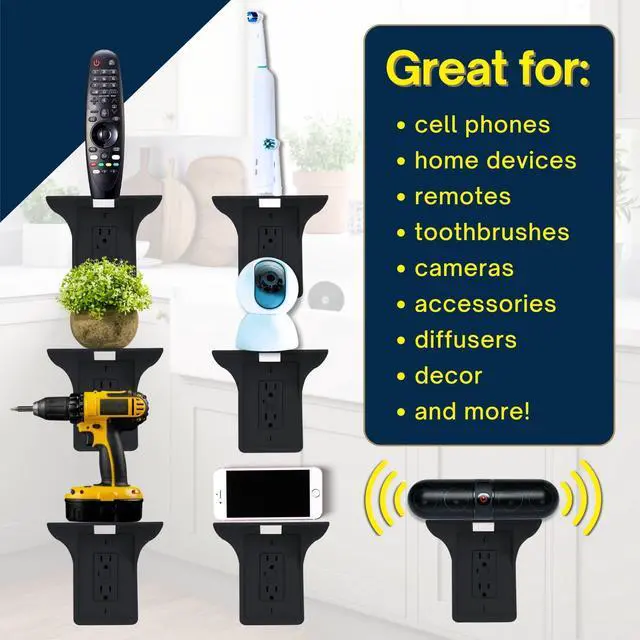 Alt view image 5 of 7 - Power Perch Outlet Shelf Organizer for Alexa Echo Dot, HomePod Mini Speakers, Phone - Wall Outlet Holder with Cord Storage Strap - Socket Shelf Bathroom Kitchen Counter Charging Station - Black 1 Pack