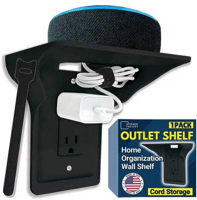 Main image of Power Perch Outlet Shelf Organizer for Alexa Echo Dot, HomePod Mini Speakers, Phone - Wall Outlet Holder with Cord Storage Strap - Socket Shelf Bathroom Kitchen Counter Charging Station - Black 1 Pack