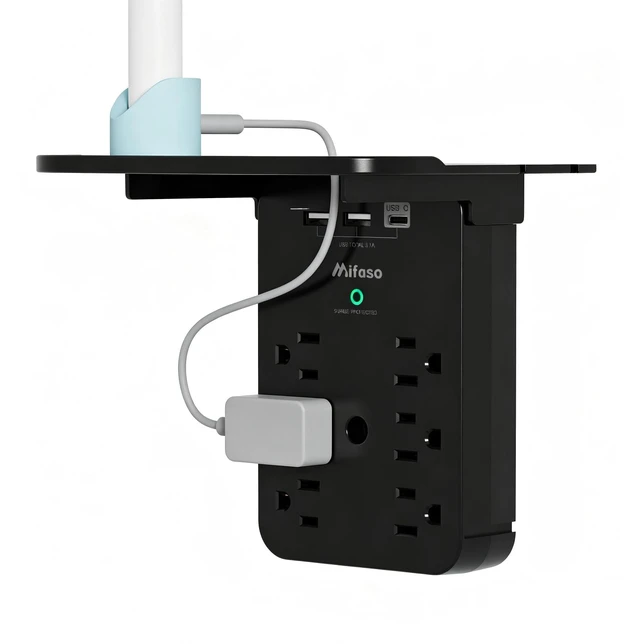 Main image of Wall Outlet Extender with Shelf, Surge Protector 6 AC Multi Plug Outlet 3 USB Charger Station Splitter Expander for Home Bathroom, Black