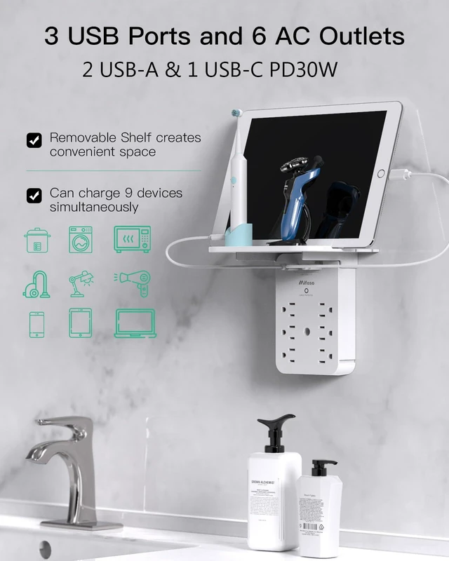 Alt view image 2 of 7 - Wall Outlet Extender with Shelf, Surge Protector 6 AC Multi Plug Outlet PD 30W USB Charger Station Splitter Expander for Home Room
